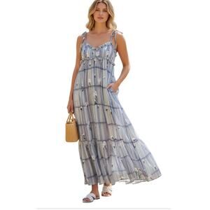 Free People Willow Maxi Dress Striped Embroidered Flowers Blue XS